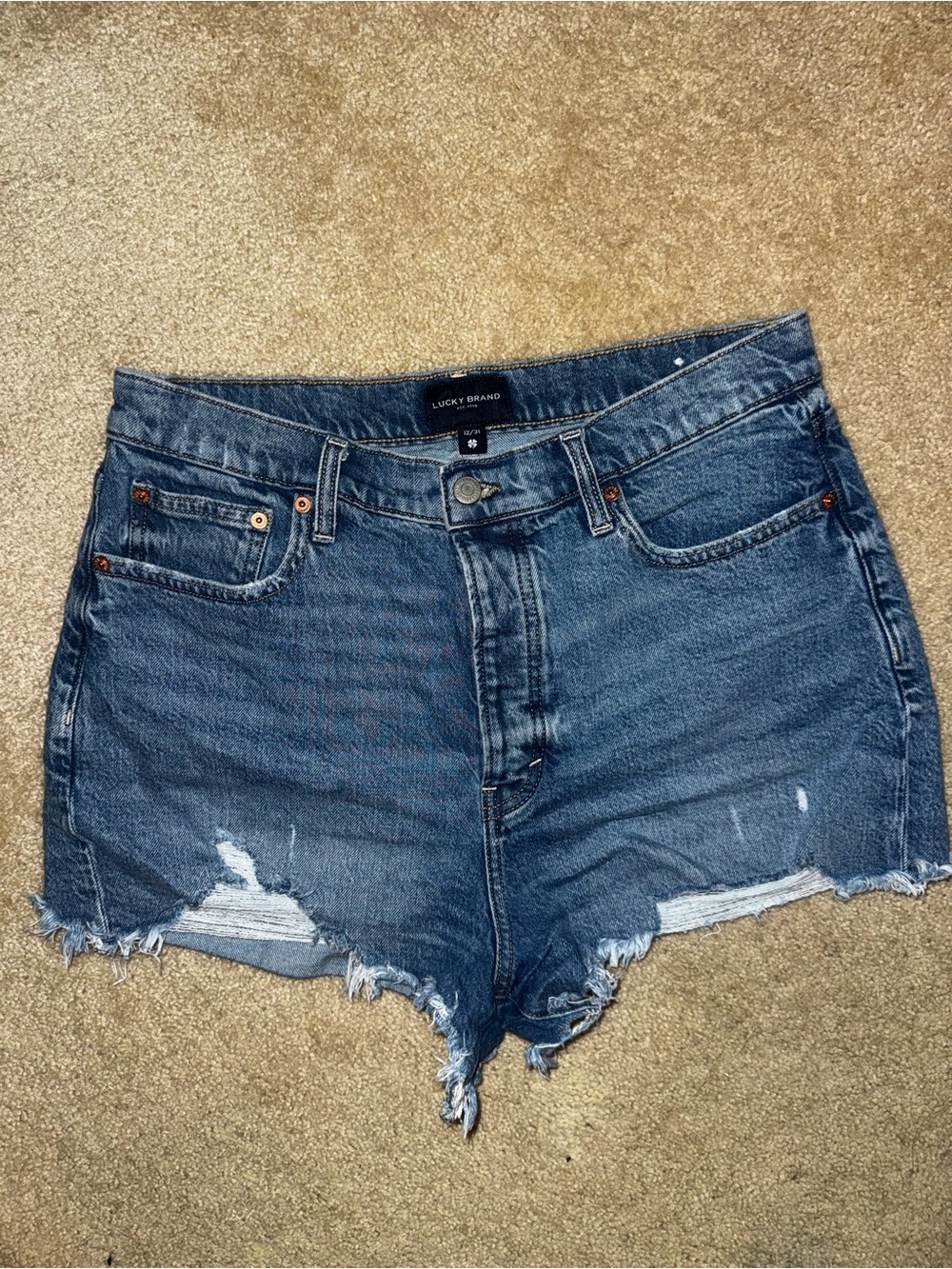 Lucky Brand Distressed High-Rise Denim Shorts in Dark Blue